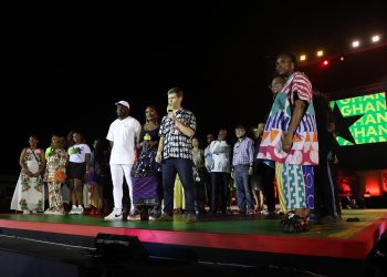 ACCRA, GHANA - SEPTEMBER 24: Kweku Mandela, Vice President of Global Policy, Liz Agbor-Tabi and Global Director of Policy and  Advocacy, Michael Sheldrick are joined by other members of the crew on stage during Global Citizen Festival 2022: Accra on September 24, 2022 in Accra, Ghana. (Photo by Jemal Countess/Getty Images)
