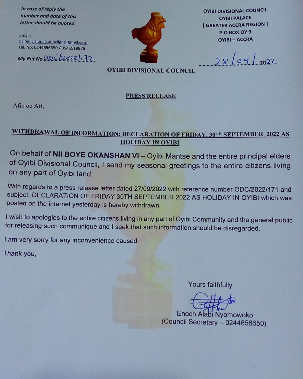 Oyibi Divisional Council withdraws notice declaring holiday for students over festival