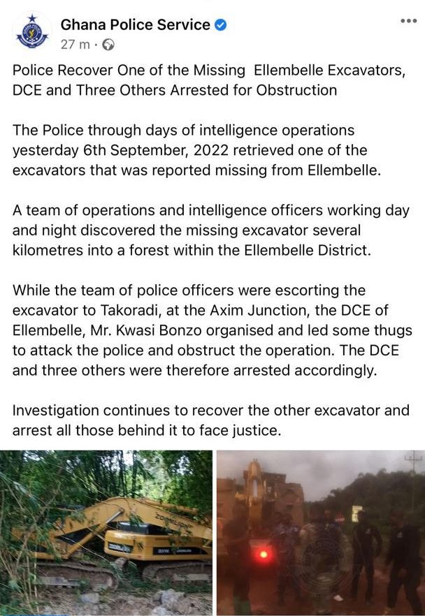 Missing excavator retrieved at Ellembelle, DCE arrested for obstruction
