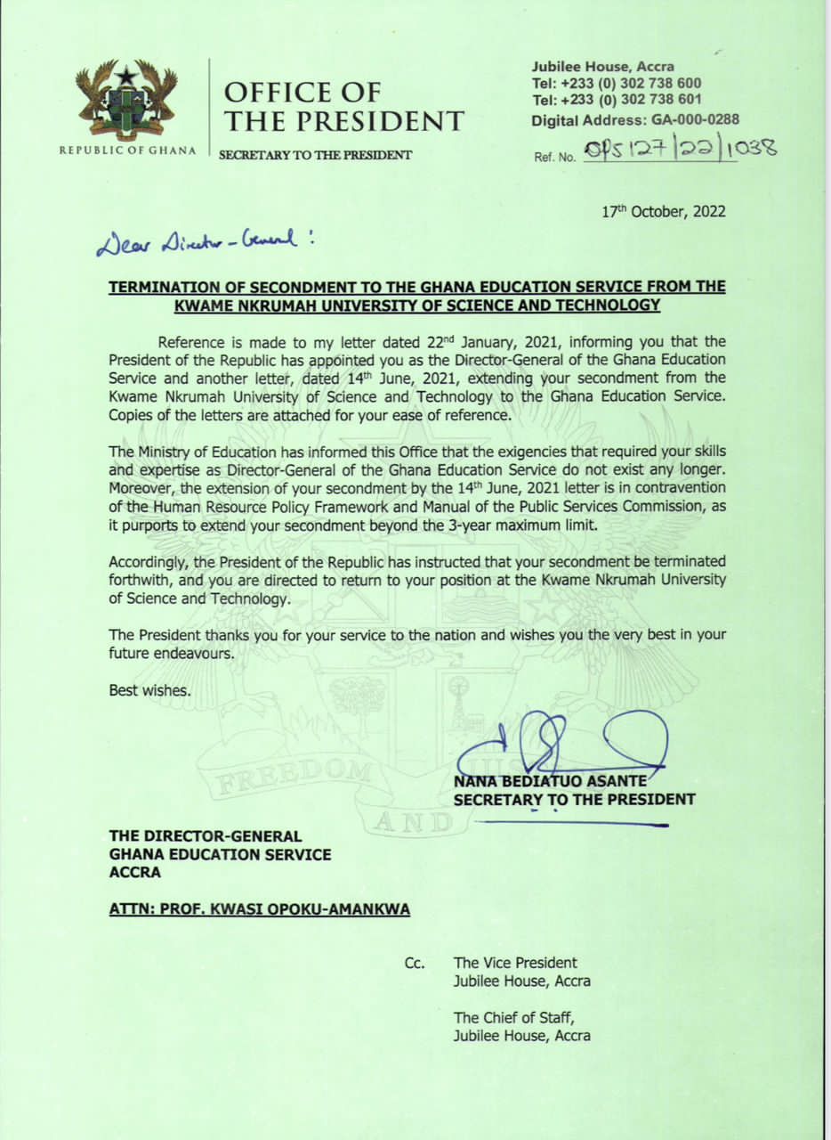 WhatsApp Image 2022 10 18 at 6.44.21 PM BREAKING NEWS: Akufo-Addo Sacks GES Director-General -See Confirmation Statement