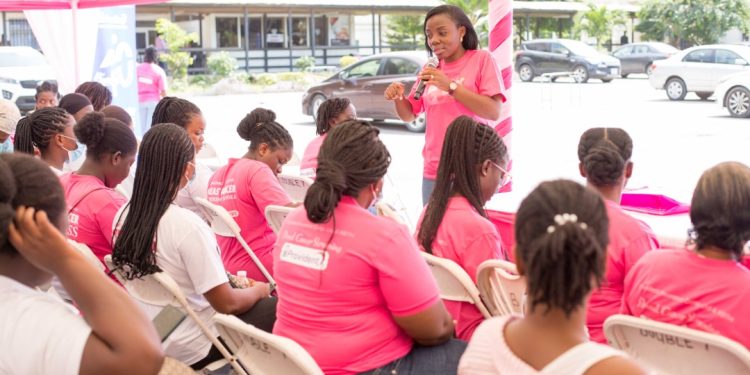This is Dr. Josephine Nsaful, Surgical Doctor at the Breast Unit of Korle -Bu giving an education on breast cancer.