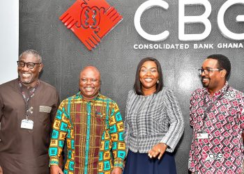 The Minister of Public Enterprises (second from left) with the Executive Management of the Bank. Left: Daniel Wilson Addo, Managing Director, Nana Ama Poku, Deputy Managing Director - Corporate Resources and Thairu Ndungu, Deputy Managing Director - Operations and Technology.