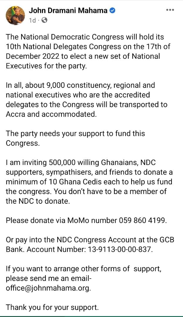 Mahama appeals for MoMo to fund NDC congress