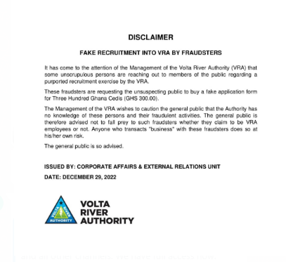 VRA issues disclaimer on fake recruitment