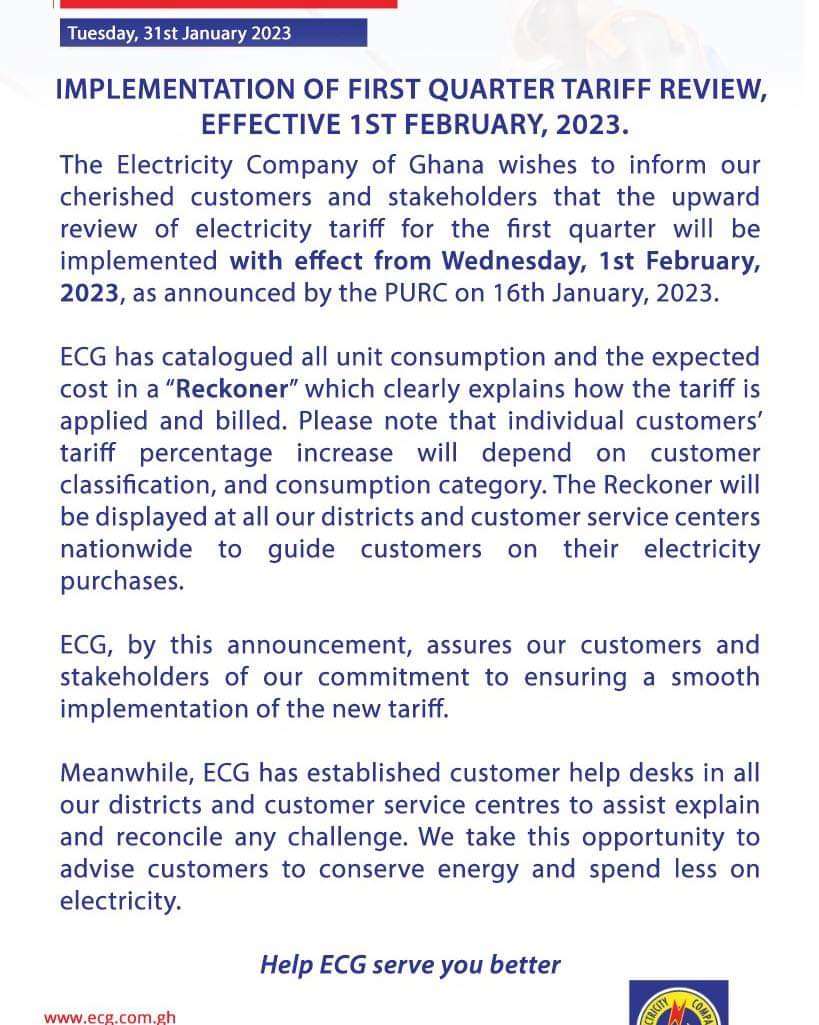 30% ECG tariff hike takes effect February 1
