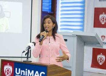 Mrs. Portia Gabor speaking at UniMAC-GIJ Main Auditorium, North Dzorwulu Campus