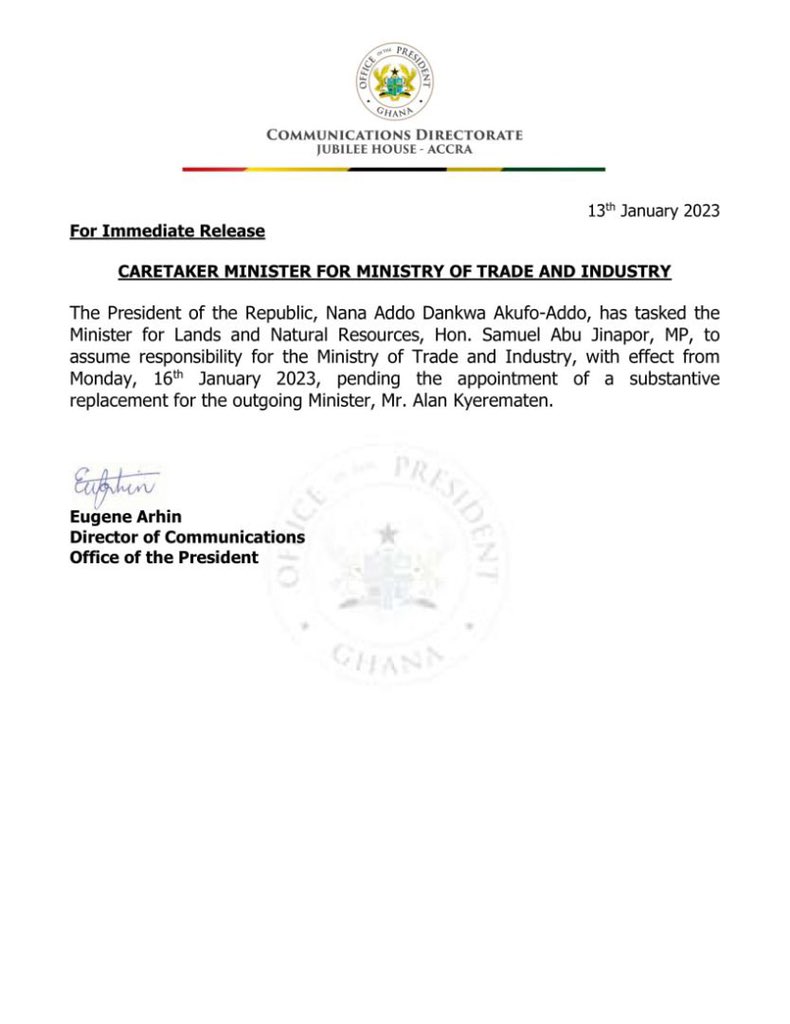 Samuel Jinapor replaces Ofori-Atta as caretaker of Trade Ministry