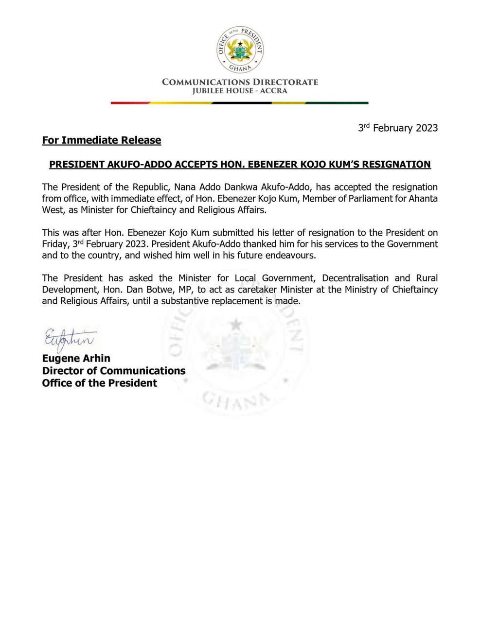 Chieftaincy Minister, Ebenezer Kojo Kum resigns