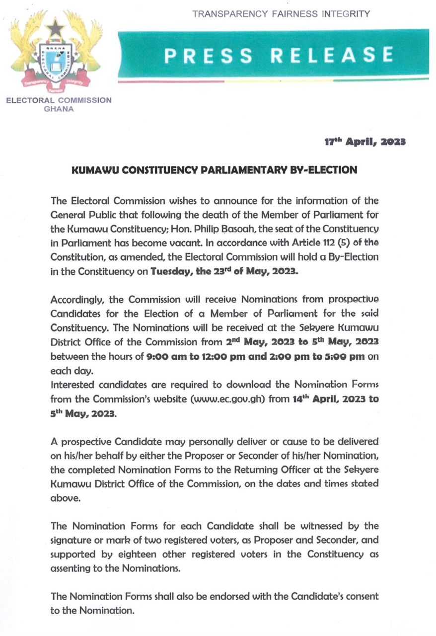 EC to hold Kumawu by-election on May 23