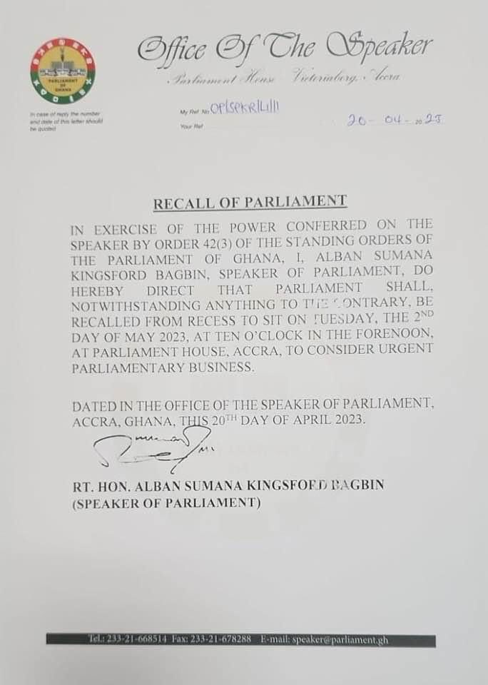 Alban Bagbin recalls MPs for urgent parliamentary business on May 2