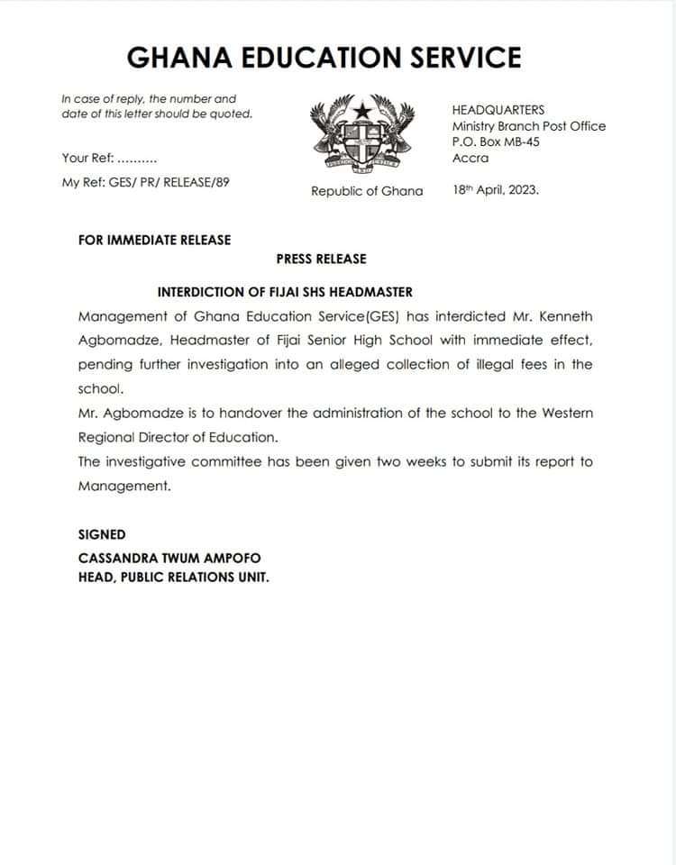 Fijai SHS headmaster interdicted. Read the GES statement