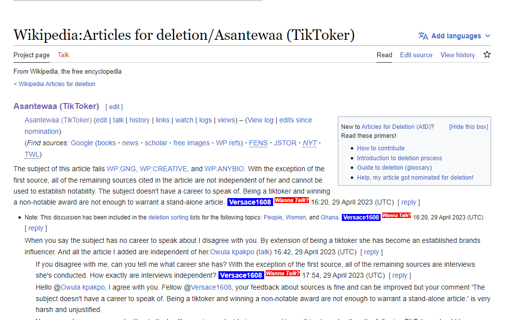 Profile of Ghanaian Tiktoker Asantewaa on Wikipedia to be deleted?