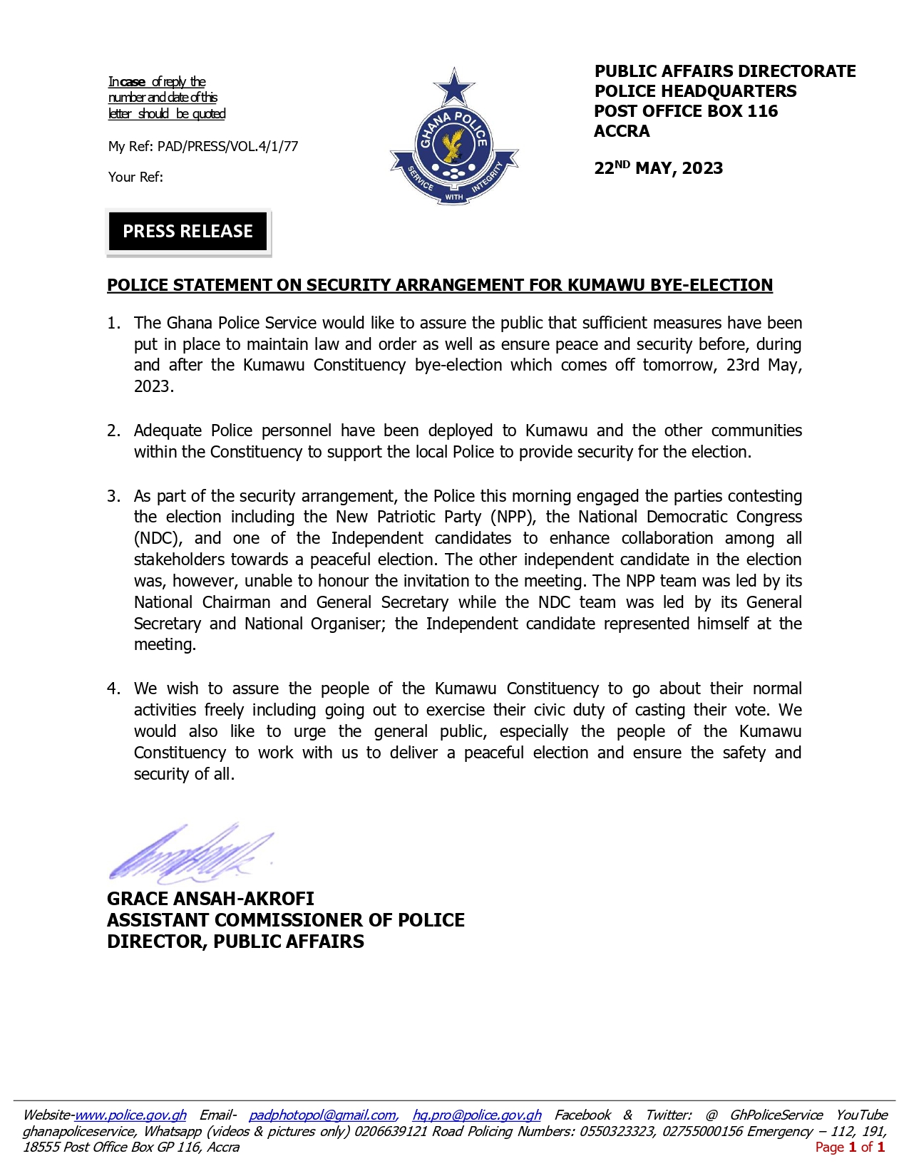 Adequate personnel deployed for Kumawu by-election – Police