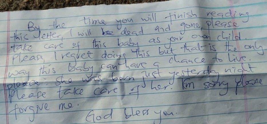 Read emotional note left by mother who abandoned baby at mission house
