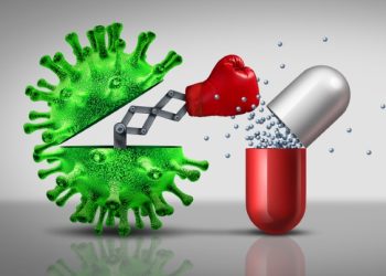 Antibiotic resistant virus as a deadly mutated viral cell attacking a pharmaceutical pill with a punch as a medical pathology disease risk as a 3D illustration
