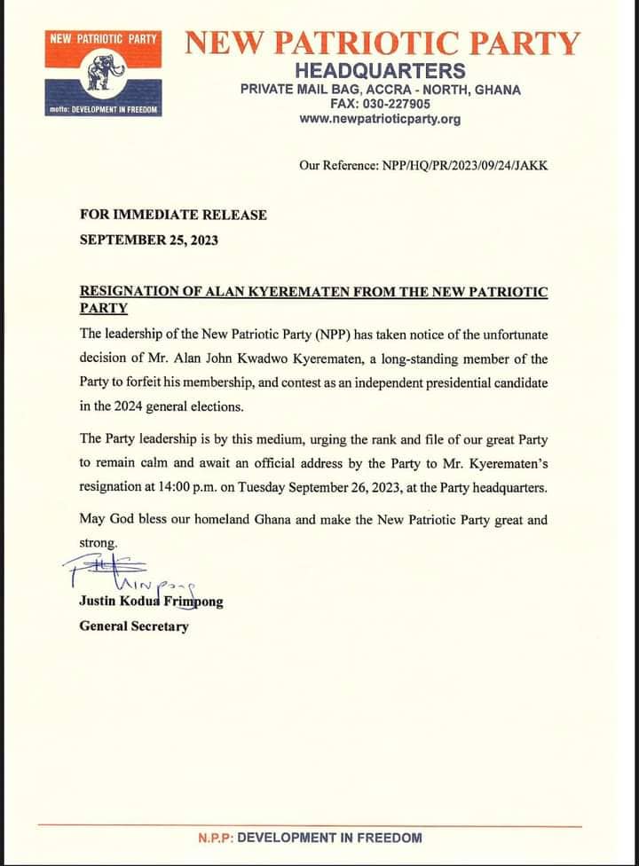 NPP reacts to Alan Kyerematen’s resignation