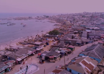 An aerial view of Sakagyano and the shores of the Gulf of Guinea