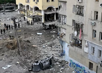 Buildings damaged by a Russian strike on the center of the Ukrainian city of Kharkiv on October 6.