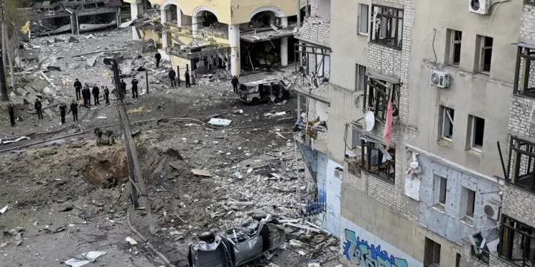 Buildings damaged by a Russian strike on the center of the Ukrainian city of Kharkiv on October 6.