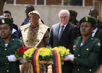 German President Frank-Walter Steinmeier lays a wreath at the monument in Songea's Memorial Park together with descendants of the heroes of the Maji Maji War on November 1, 2023.