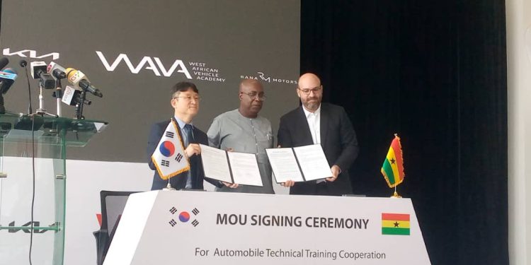 From left: Kwangbyong Lee, Head of Ownership and Enhancement at KIA Corporation, Patrick Nimo, Chief Director Ministry of Trade and Industry, Chief Operating Officer of Rana Motors  Kassem Odaymat