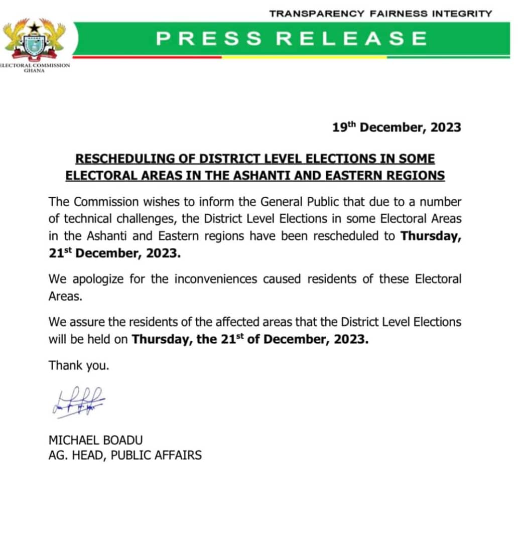 EC reschedules District Level Elections in parts of Ashanti and Eastern regions