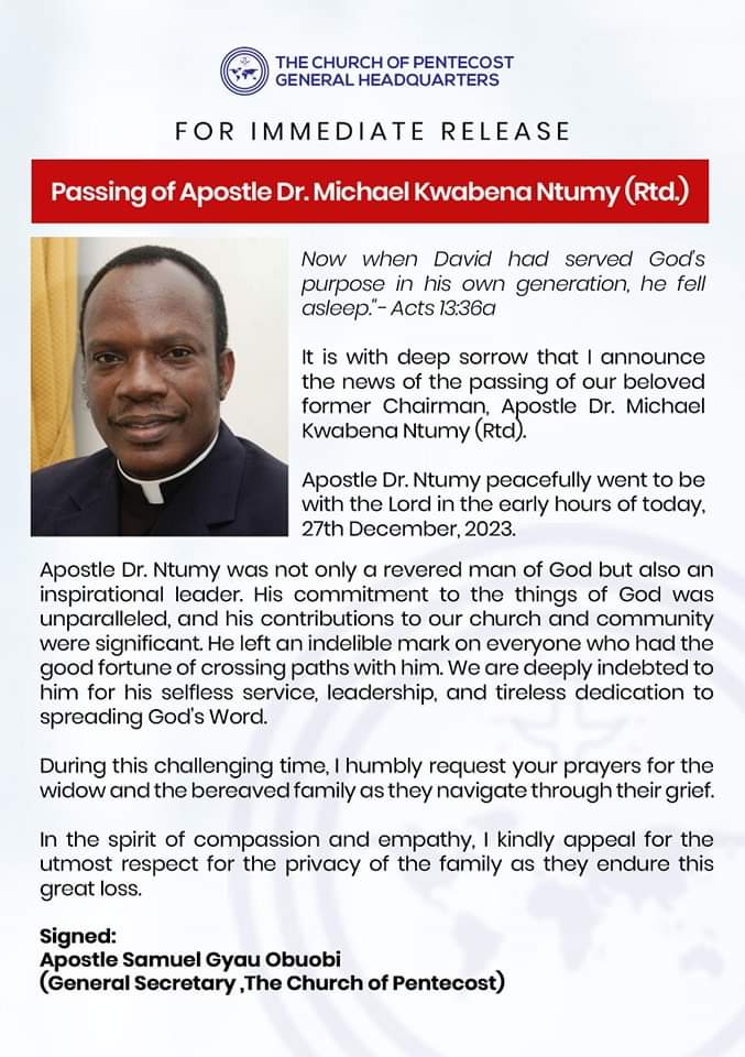 Former Church of Pentecost Chairman Apostle Ntumy dead