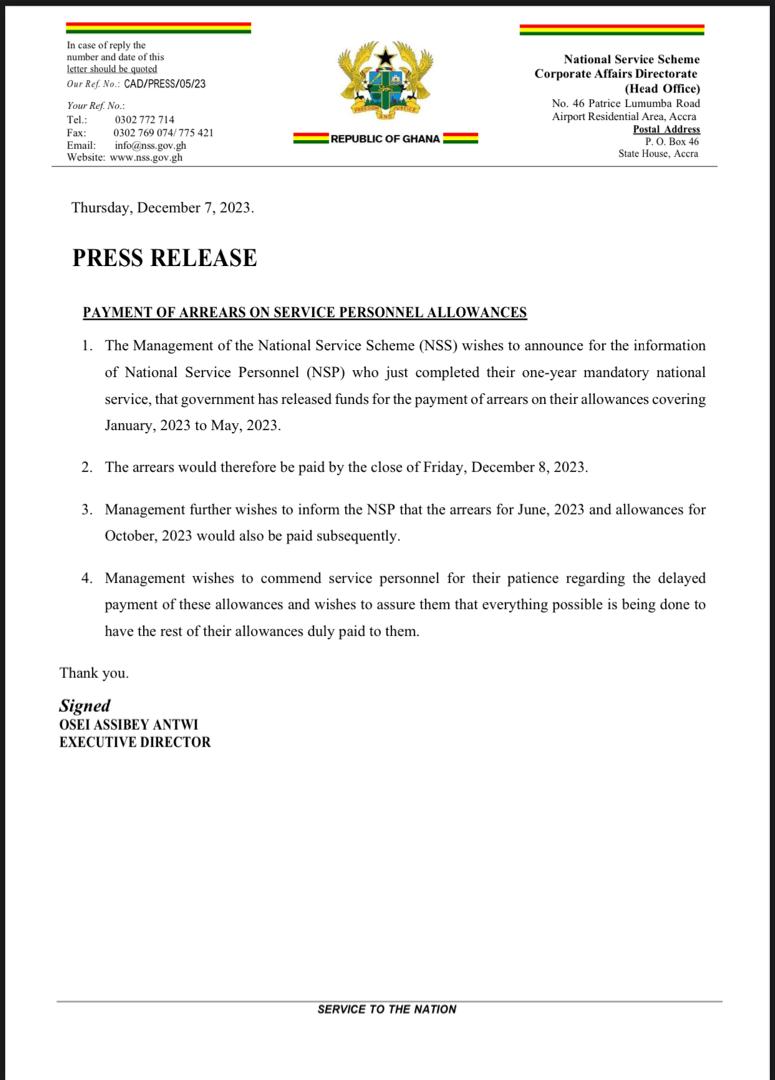 NSS announces payment of arrears for January – May 2023