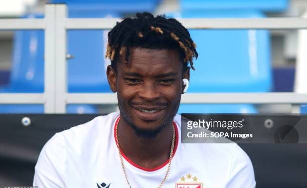 SAINT PETERSBURG, RUSSIA - 2023/07/08: Edmund Addo (21) of Crvena Zvezda in action during the Pari Premier Cup football match between Crvena Zvezda Belgrade and Neftci Baku at Stadium Smena. Crvena Zvezda Belgrade FC team won against Neftci with a final score of 4:0. (Photo by Maksim Konstantinov/SOPA Images/LightRocket via Getty Images)