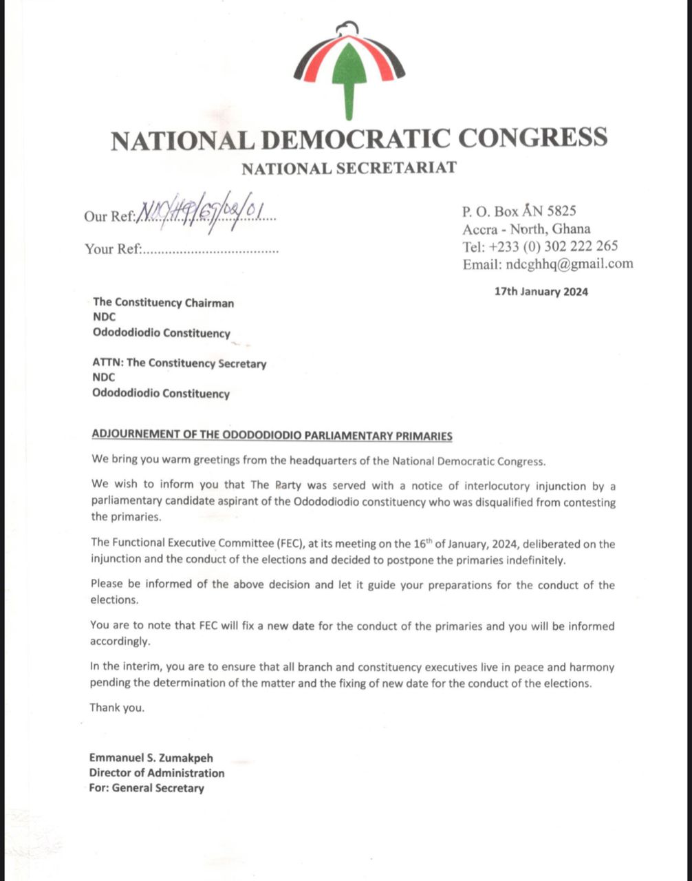 NDC postpones Odododiodio parliamentary election indefinitely over lawsuit