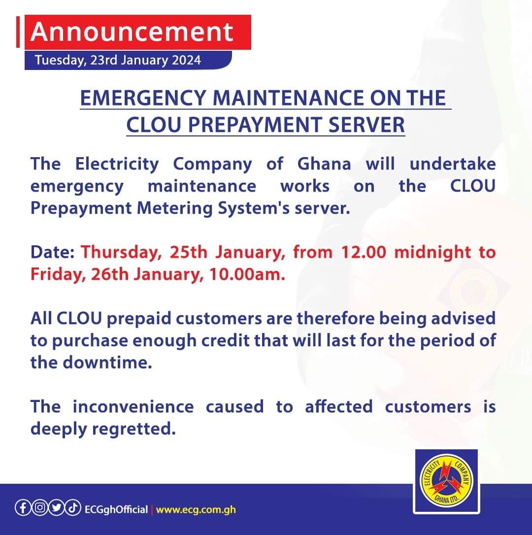 ECG to undertake maintenance works on CLOU prepayment server Jan. 25-26