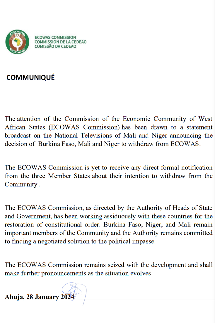 ECOWAS reacts to Burkina Faso, Mali and Niger’s decision to exit bloc