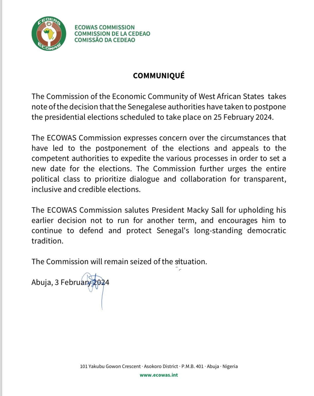 ECOWAS bemoans Senegal’s decision to postpone presidential elections