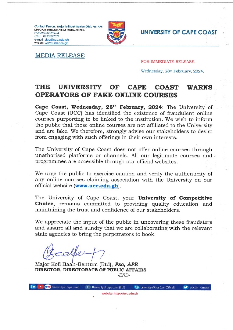 UCC warns public against fake online courses claiming affiliation