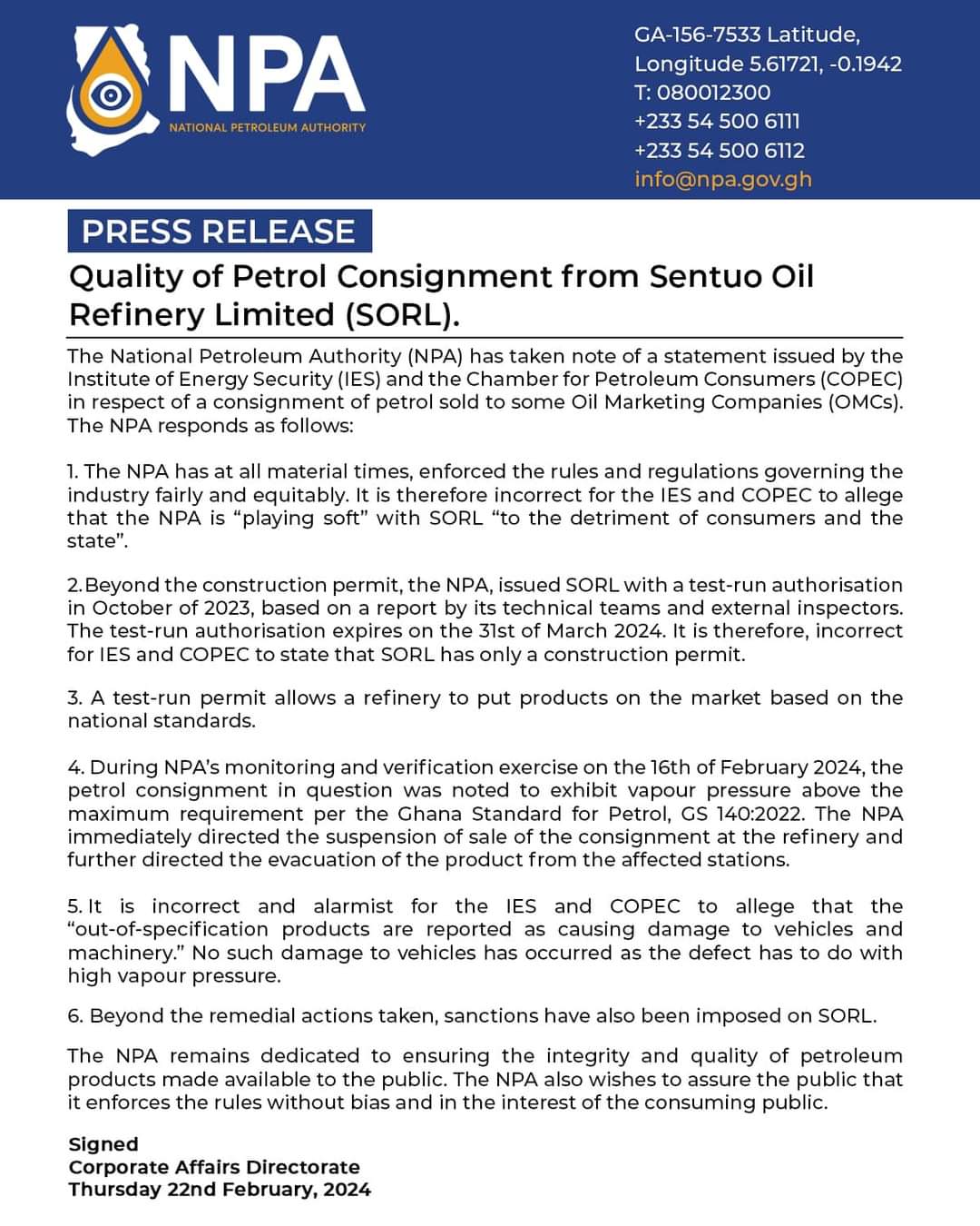NPA suspends sale of Sentuo Oil Refinery fuel over quality concerns