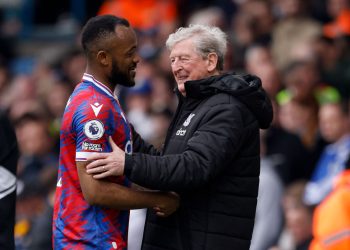 LEEDS, ENGLAND - APRIL 09: Jordan Ayew of Crystal Palace and a smiling Roy Hodgson, Manager of Crystal Palace during the Premier League match between Leeds United and Crystal Palace at Elland Road on April 09, 2023 in Leeds, United Kingdom. (Photo by Richard Sellers/Sportsphoto/Allstar via Getty Images)