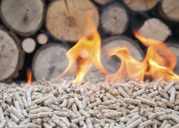 Pine pellets infront a wall of firewoods in flames