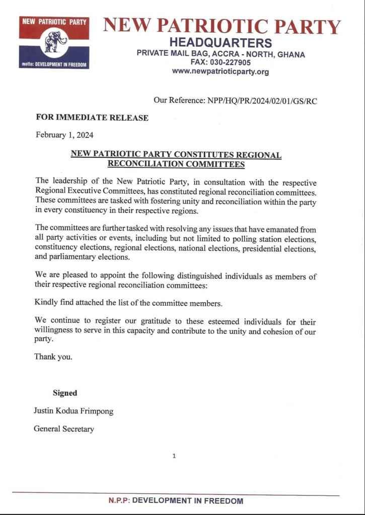 NPP constitutes regional reconciliation committees to address post electoral issues