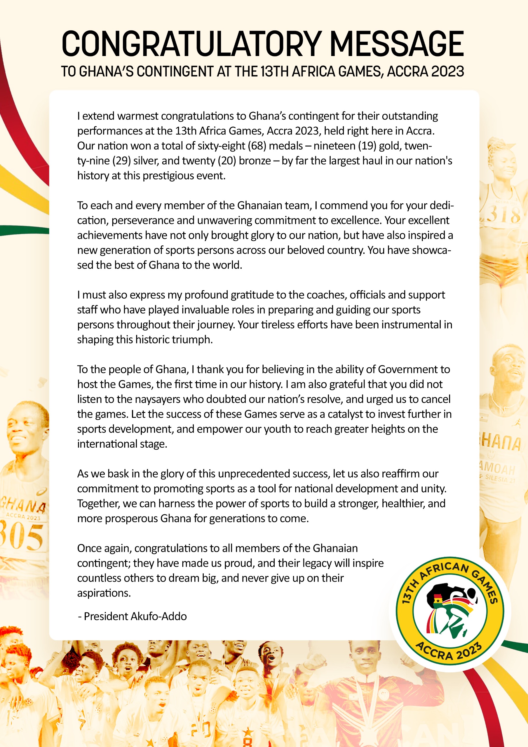 Akufo-Addo thanks Ghanaians for believing in the ability of government to host the 13th African Games