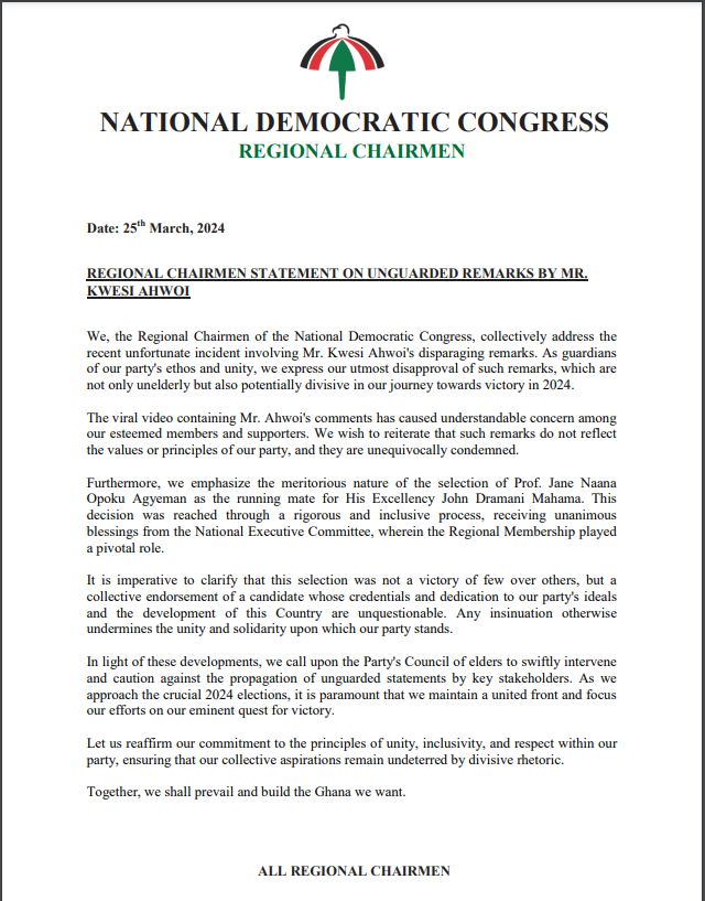 NDC Regional Chairmen urge party elders to intervene in Kwesi Ahwoi’s comment