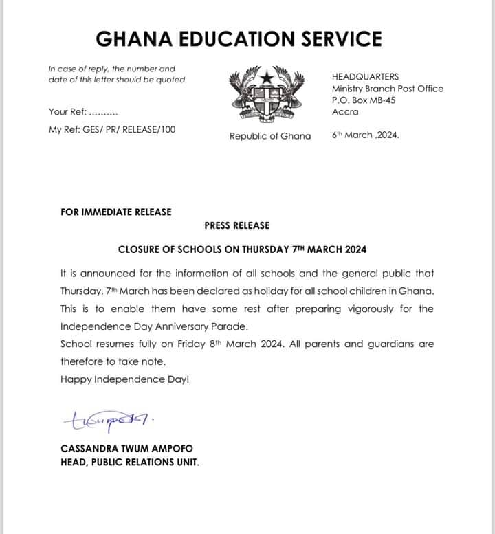 GES declares Thursday a holiday for school children