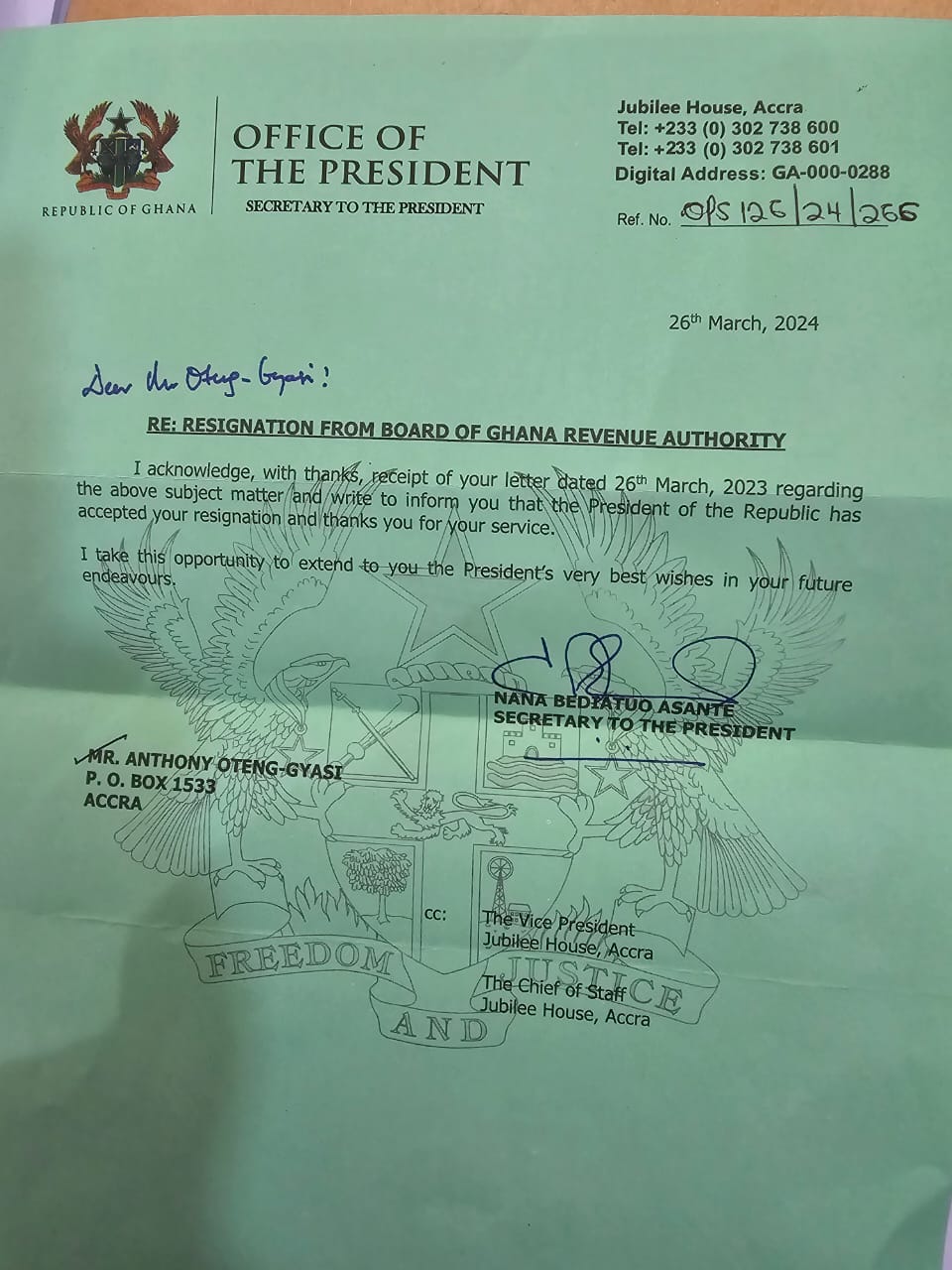 Akufo-Addo accepts Oteng-Gyasi’s resignation as GRA Board Chair