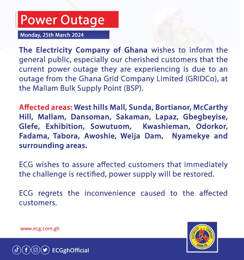 ECG blames Monday’s outage on challenges at GRIDCo’s Mallam Bulk Supply point