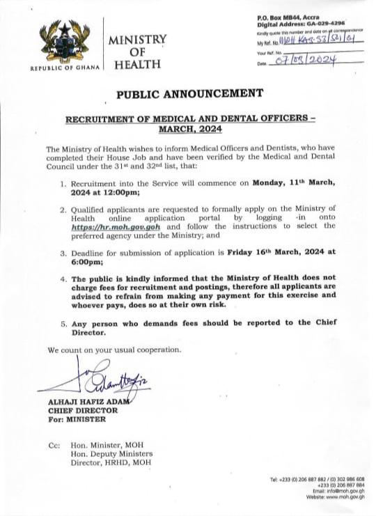 MoH announces recruitment of medical and dental officers March 11