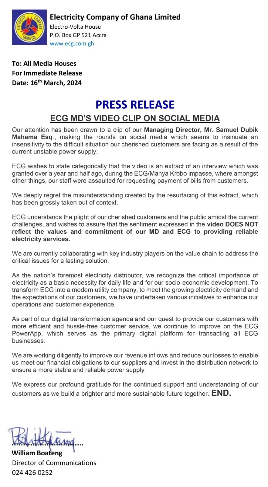 ECG clarifies misleading video of Dubik Mahama amidst power supply challenges