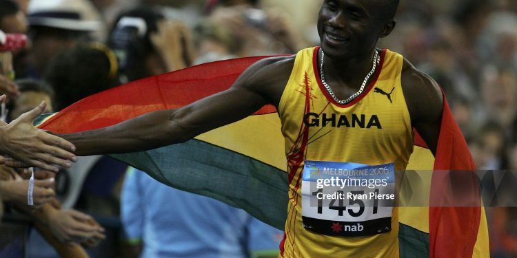 MELBOURNE, AUSTRALIA - MARCH 22:  Ignisious Gaisag of Ghana celebrates winning the men's Long Jump final at the athletics during day seven of the Melbourne 2006 Commonwealth Games at the Melbourne Cricket Ground on March 22, 2006 in Melbourne, Australia. Ignisious Gaisag of Ghana won gold, Gable Garenamotse of Botswana won silver and Fabrice Lapierre of Australia won bronze.   (Photo by Ryan Pierse/Getty Images)