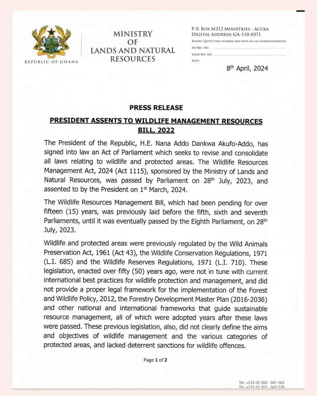 Akufo-Addo assents to Wildlife Management Resources Bill 2022