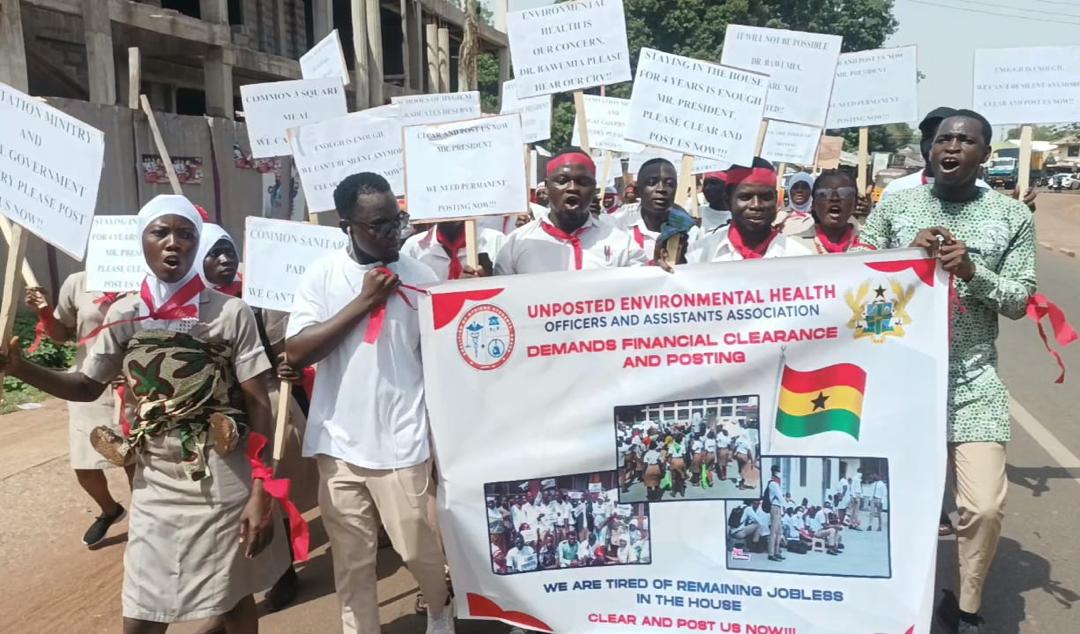 Unemployed environmental health officers and assistants protest in Tamale