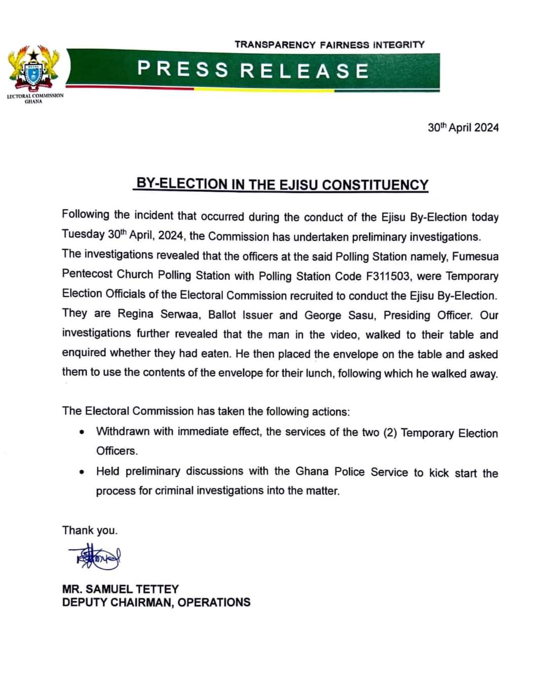 Ejisu by-election: EC refers alleged bribery incident to Police
