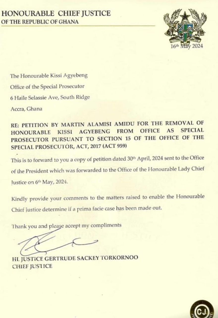 Chief Justice tells SP Kissi Agyebeng to provide his comments on the petition for his removal